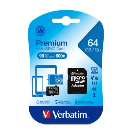 MICROSDXC PREMIUM VERBATIM 64GB CLASE 10CON ADAPTADOR