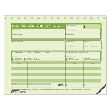 BLOCK TRANSFERENCIA BANCARIA CON PAPEL CARBON PRINTAFORM 1017CI CON 20 JUEGOS