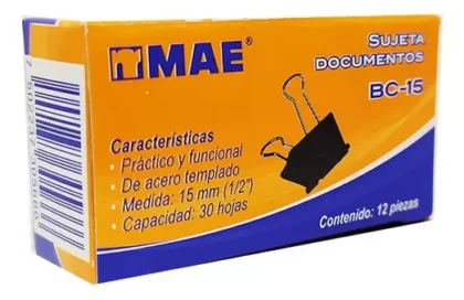 PINZA SUJETAPAPELES MAE 15MM 1/2" CAJA CON 12