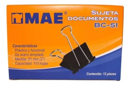 PINZA SUJETAPAPELES MAE 51MM ( 2" ) CAJA CON 12