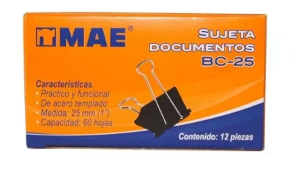 PINZA SUJETAPAPELES MAE 25MM (1") CON 12