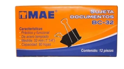 PINZA SUJETAPAPELES MAE 32MM 1 1/4" CAJA CON 12